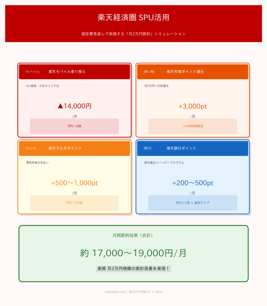 楽天経済圏SPU活用による月2万円節約シミュレーション図